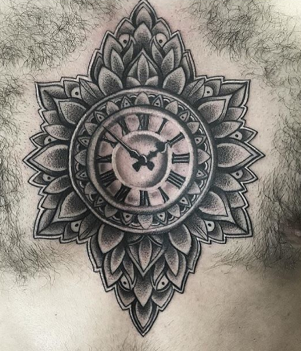 Pretty clock mandala tattoo design on the chest