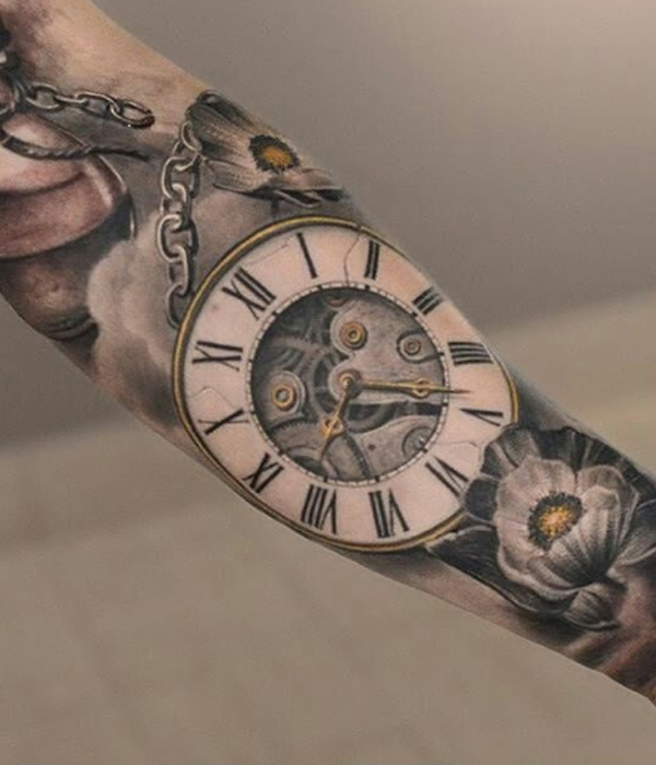 Realistic roman clock and flower tattoo design