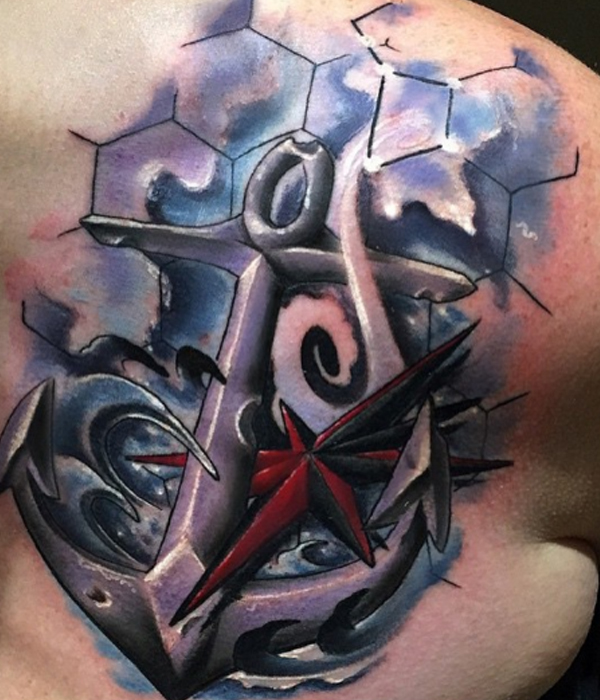 Awesome anchor and nautical star tattoo design