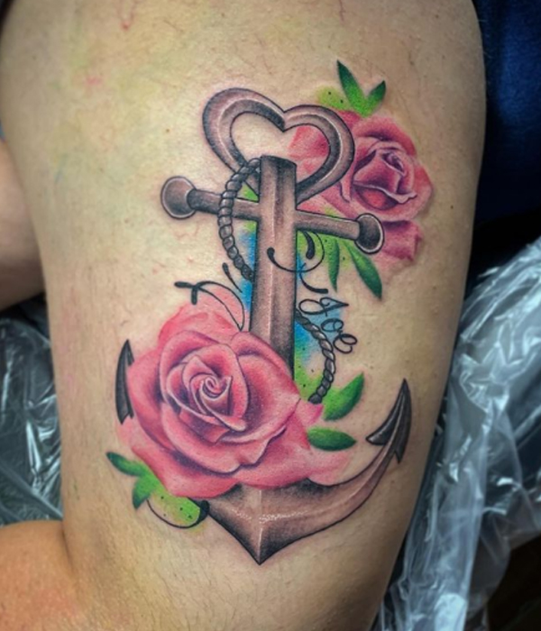 Attractive anchor and rose flower colorful tattoo