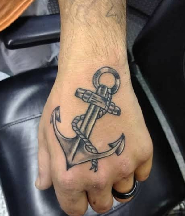 Awesome anchor black and grey small tattoo for hand