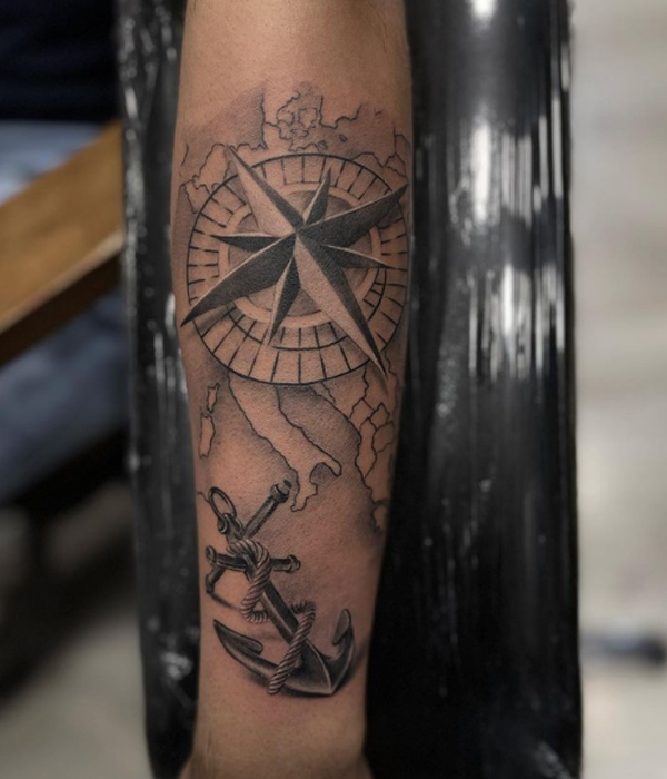 Splendid grey and black anchor and compass tattoo design