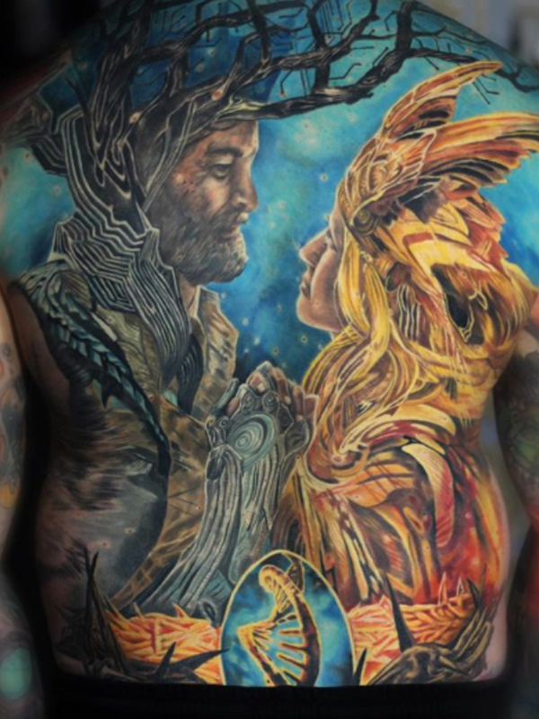 Brilliant colorful love full-back tattoo design