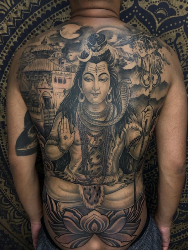 Awesome Lord Shiva full-back religious tattoo design