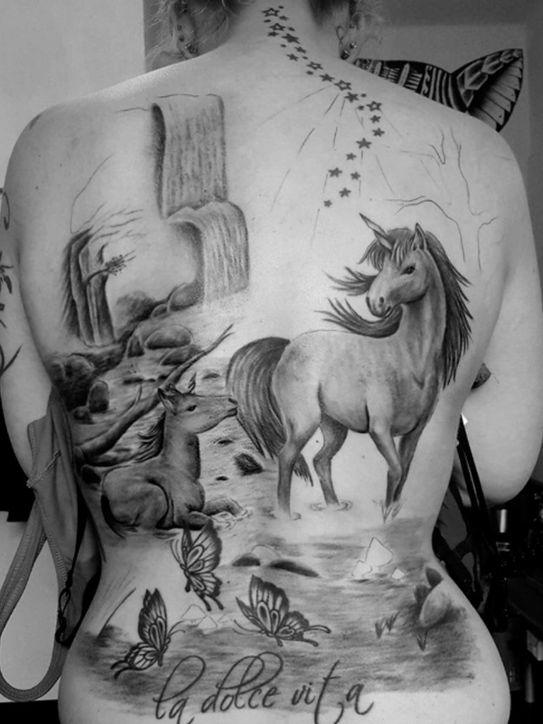 Black and grey horse and butterfly tattoo design