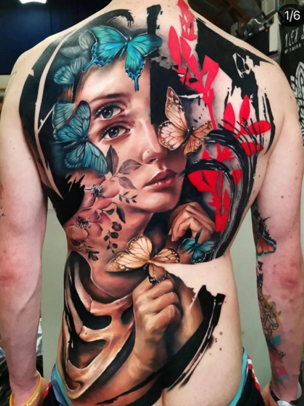 Hyperrealistic women and butterfly colorful tattoo