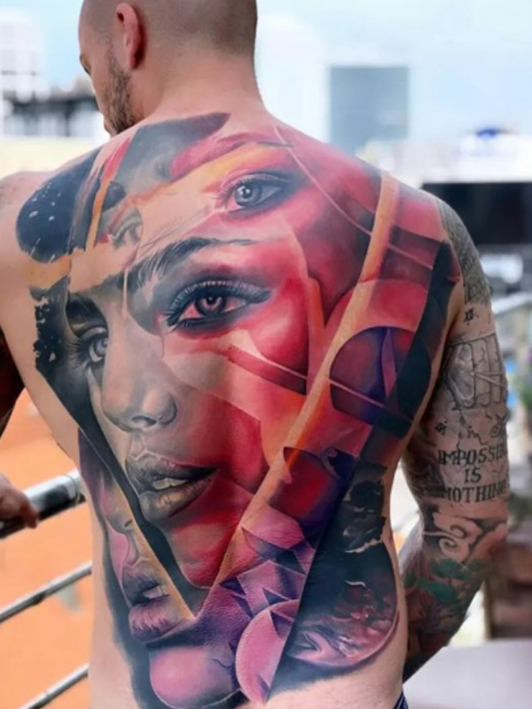 Elegant Split women face full-back tattoo design