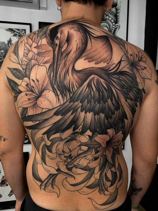 Black and grey Swan full-back bird tattoo design