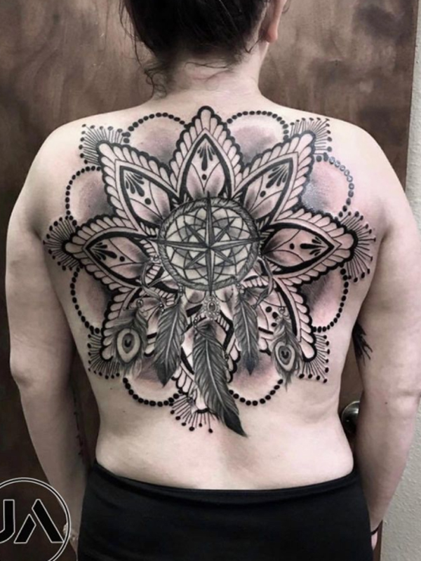 Awesome black mandala tattoo design for women's back