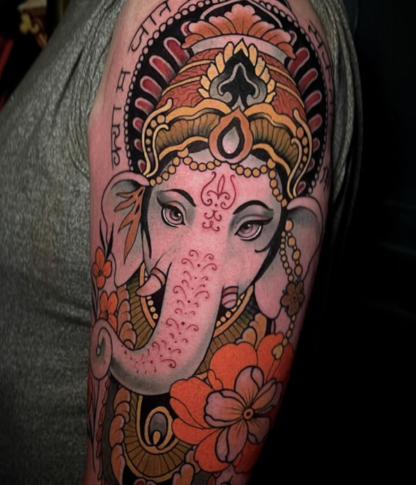 Alluring lord Ganesha Neo-traditional colorful tattoo