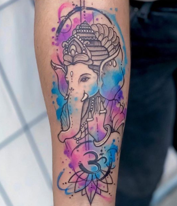 Attractive Fine line Ganesha watercolor splash tattoo