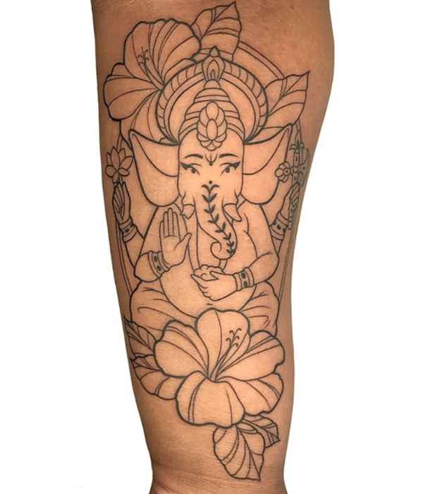 Pretty Fine line Ganesha and hibiscus flower tattoo