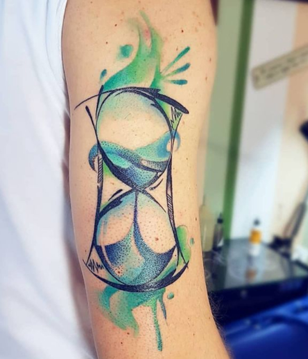 Awesome watercolor hourglass and dot work tattoo design