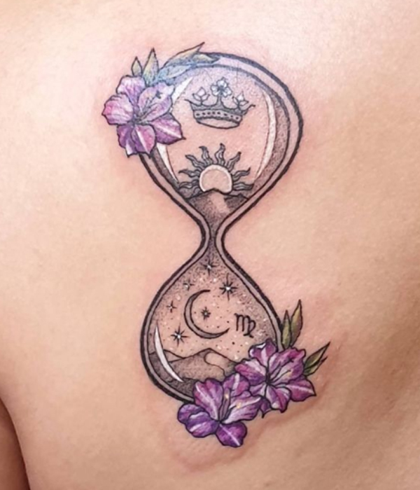 Awesome hourglass, flower, and moon tattoo design