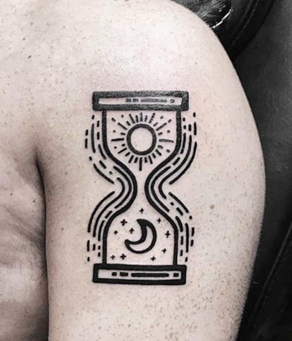 Stunning black and bold hourglass and moon, sun tattoo design