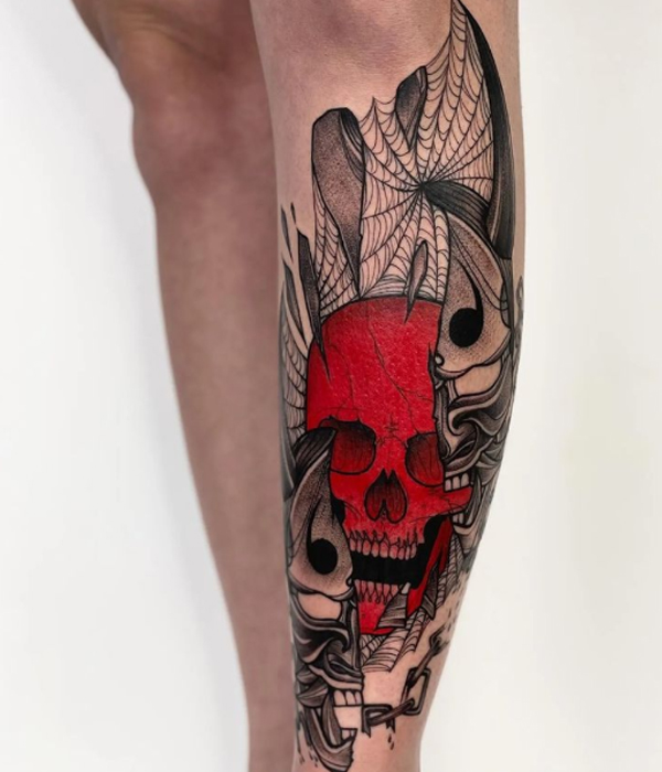 Amazing red skull, hannaya mask tattoo