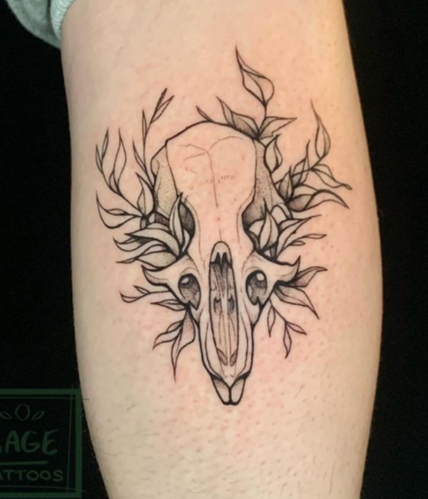Black fine line ungrown rat skull tattoo