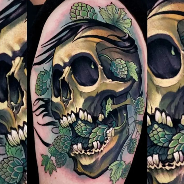 Amazing colorful skull and plant tattoo design
