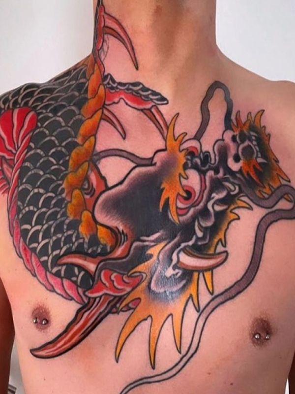 A huge Japanese dragon came from the neck n over the chest