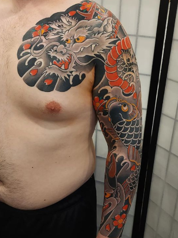 Fantastic Japanese dragon and koi fish full sleeve tattoo designs