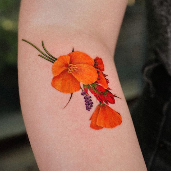 Delicate Orange poppy flower design tattoo 