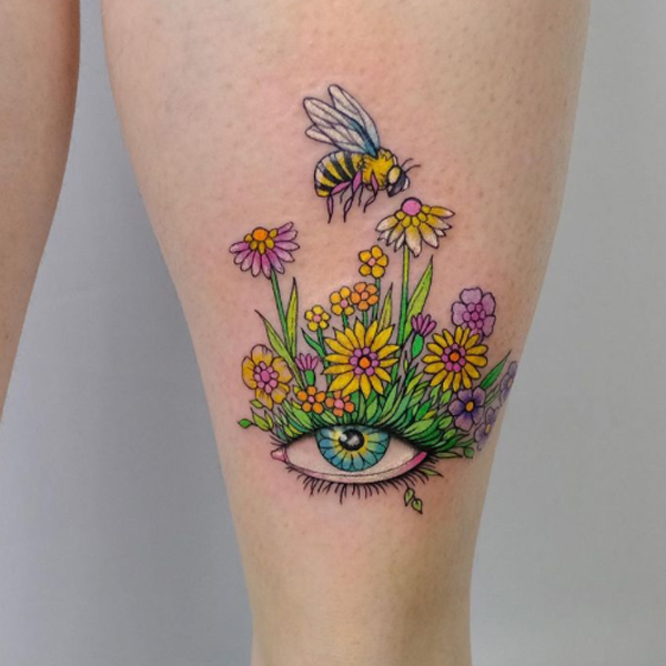 Glorious Flower, eye, and honeybee tattoo