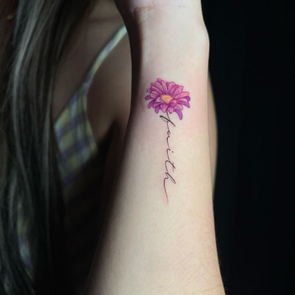 Pretty flower and Faith word tattoo