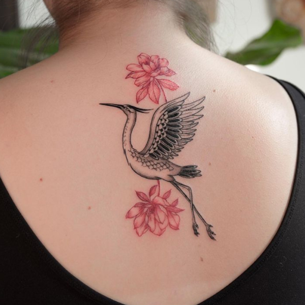 Gracious Flower and crane bird tattoo design