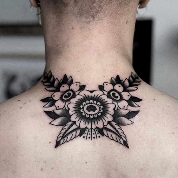 Awesome black wreath over the back neck tattoo design