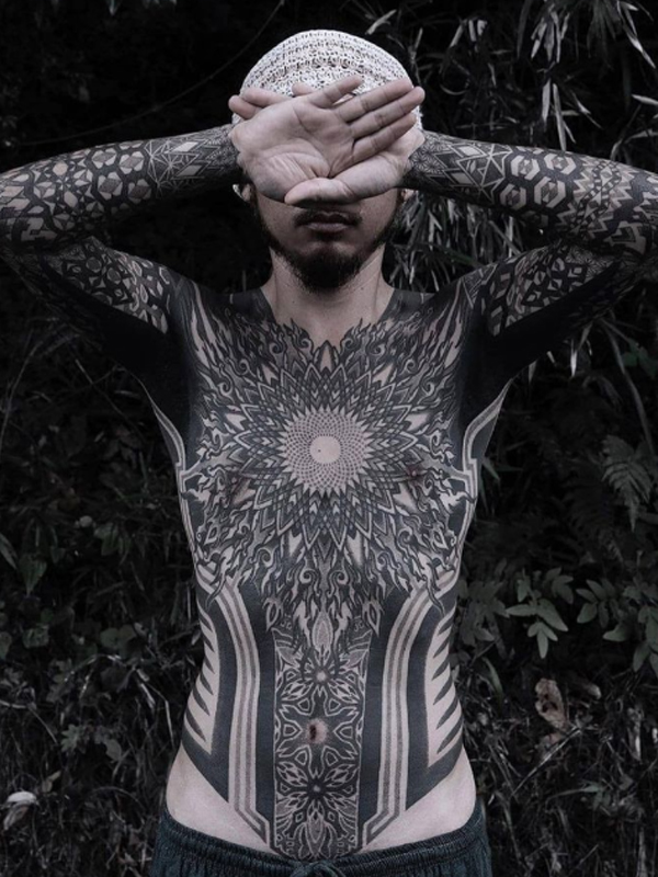 Fantastic geometrical black body suit tattoo design