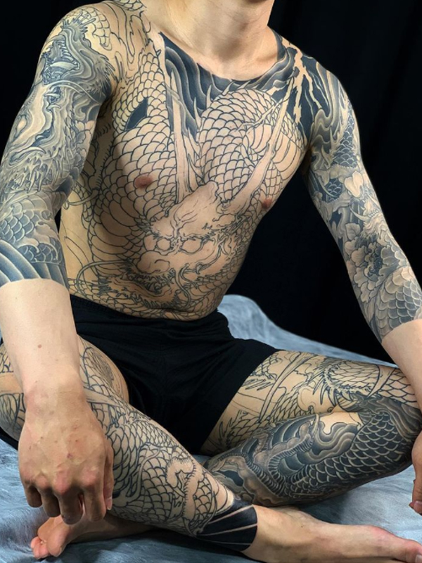 Incridible black Full body dragon tattoo design