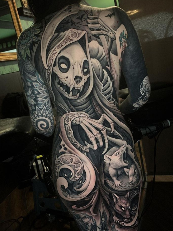 Incredible evil theme body suit tattoo