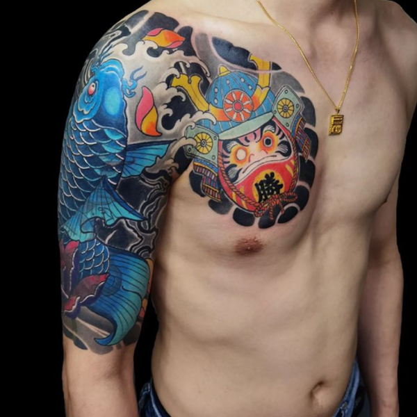 Cool Blue koi fish and samurai chest tattoo