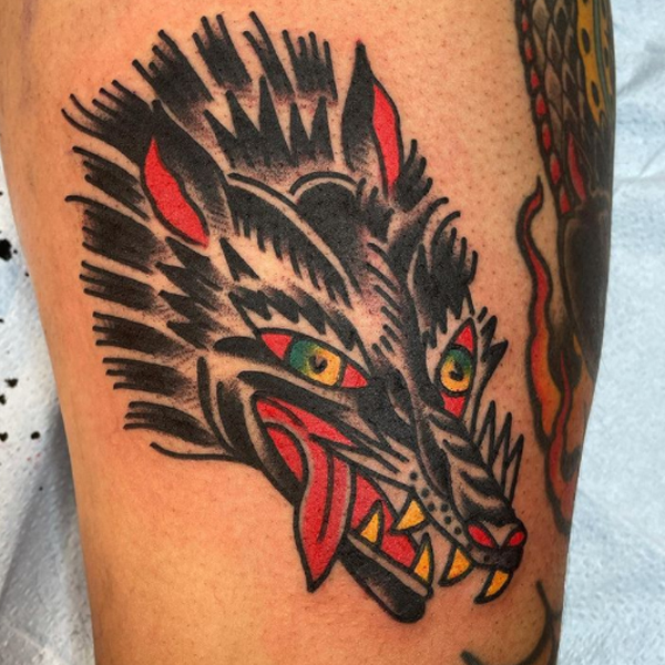 Traditional Japanese wolf tattoo design