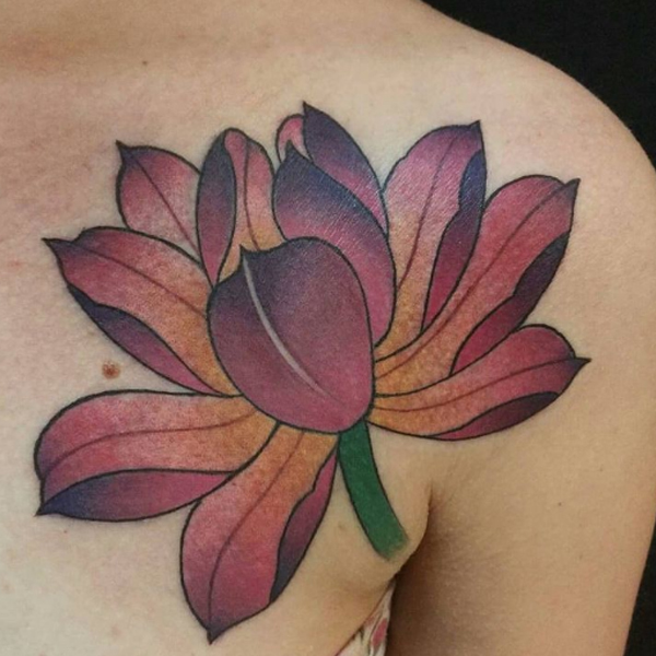 Beautiful Japanese lotus tattoo over the chest