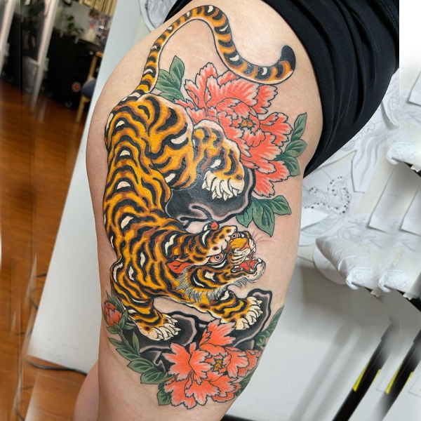Dazzling colorful peony flower and tiger, animal tattoo design