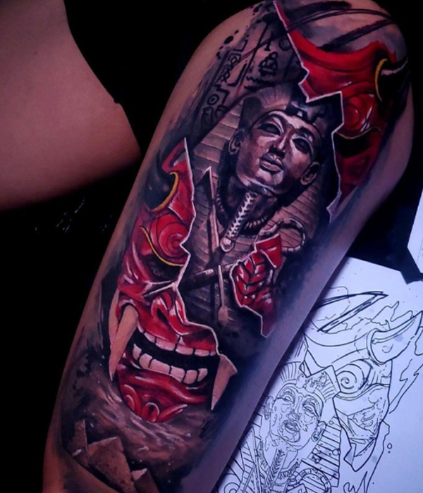 Splendid Egyptian king tut and hannya mask Japanese tattoo design