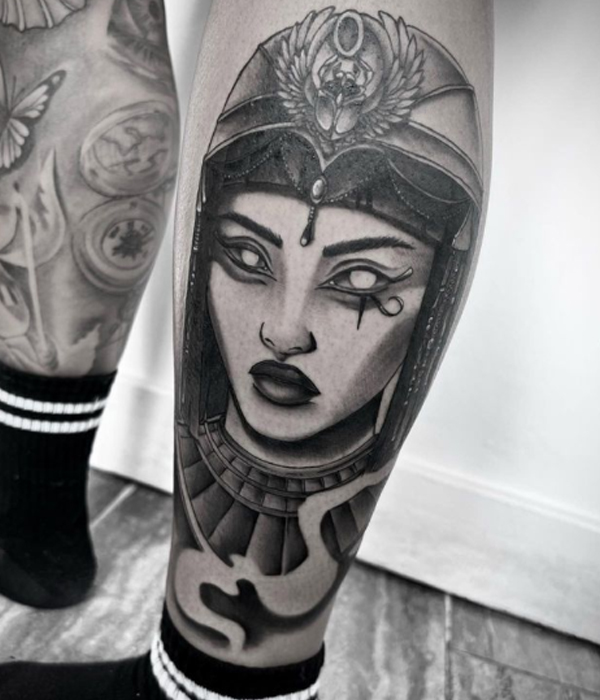 Black and grey Nefertiti Egyptian design tattoo
