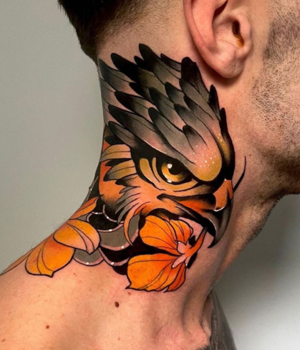 Brilliant colorful eagle design tattoo on the neck