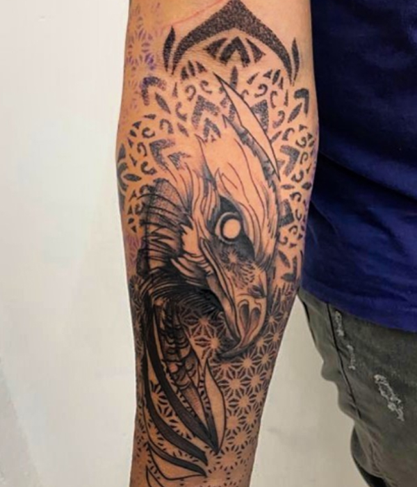 Black and grey eagle and geometrical pattern tattoo