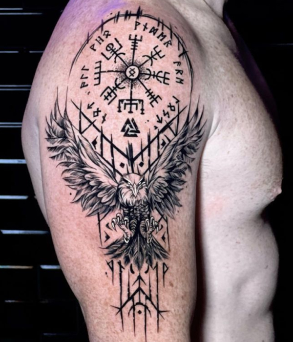 Awesome angry eagle and vegvisir compass tattoo design