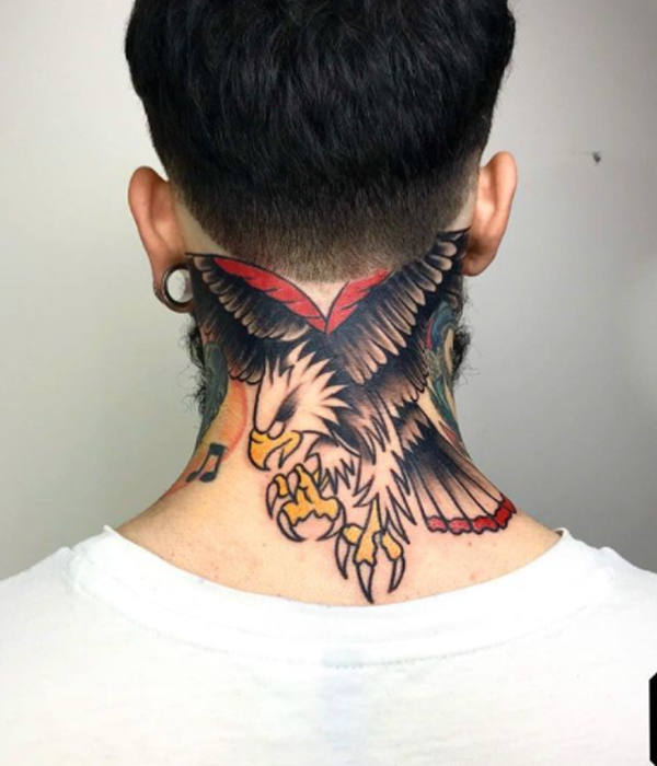 Stunning neo-traditional eagle design for the back neck