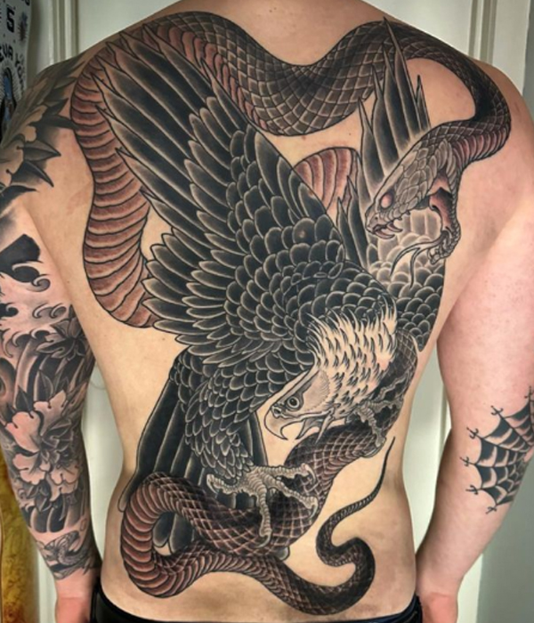 Stunning eagle and snake full-back tattoo design